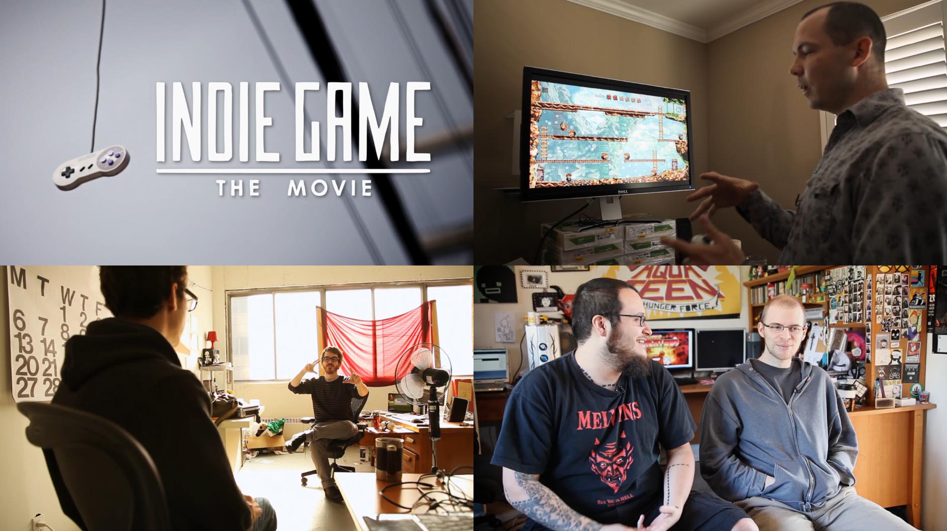 Four images from Indie Game The Movie depicted the title card and three development teams.